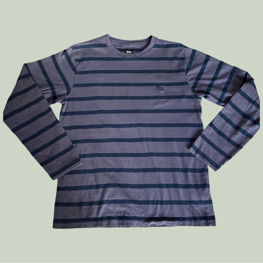 Stussy Shirt Blue Striped Long Sleeve Cotton Crew Neck Logo Embroidered